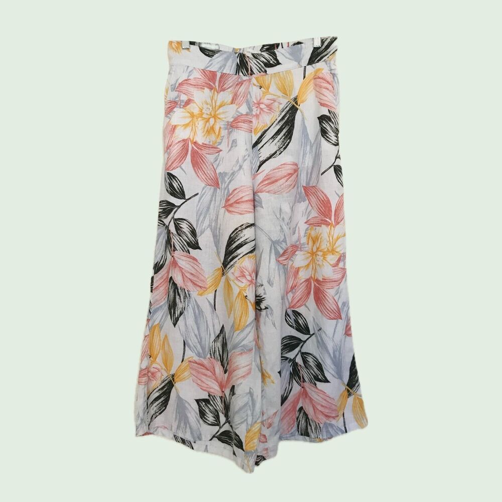 C&C California Linen White Floral Cropped Wide Leg Casual Vacation Pants M